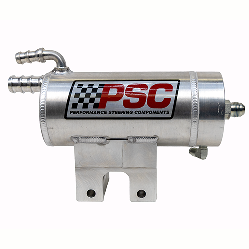 Metal steering reservoir with welded on mounting bracket with PSC logo on a white background - front facing.