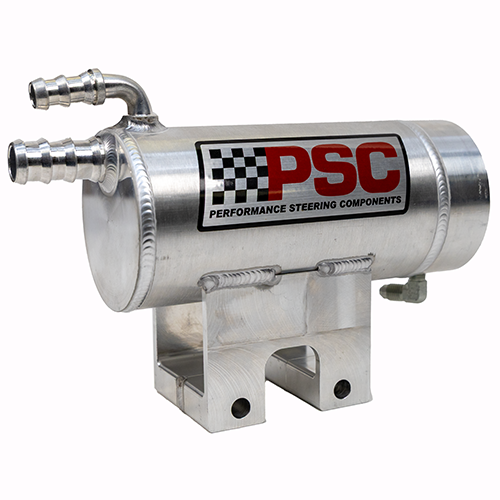 Angled front view of PSC steering reservoir with welded on mounting bracket with logo on a white background.