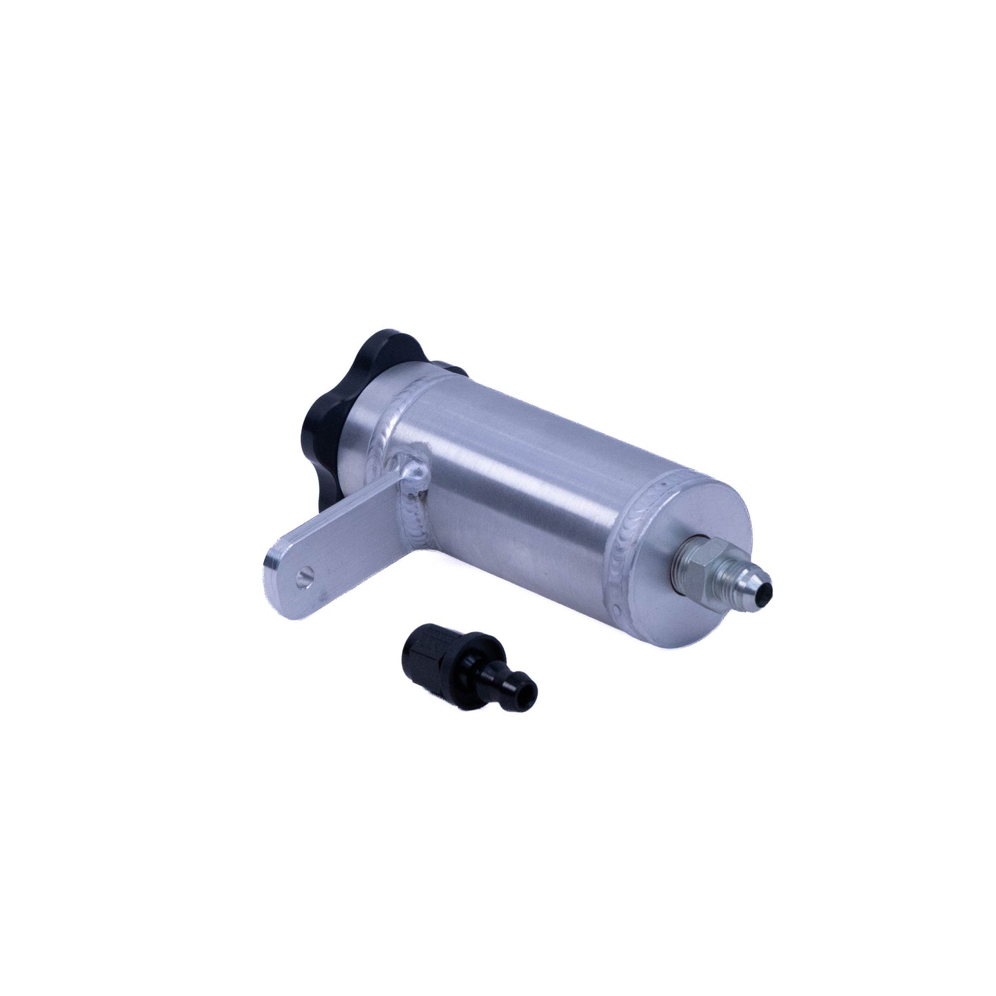 A silver aluminum hydraulic pump cylinder with a black plastic cap and a small black fitting, shown on a plain white background.