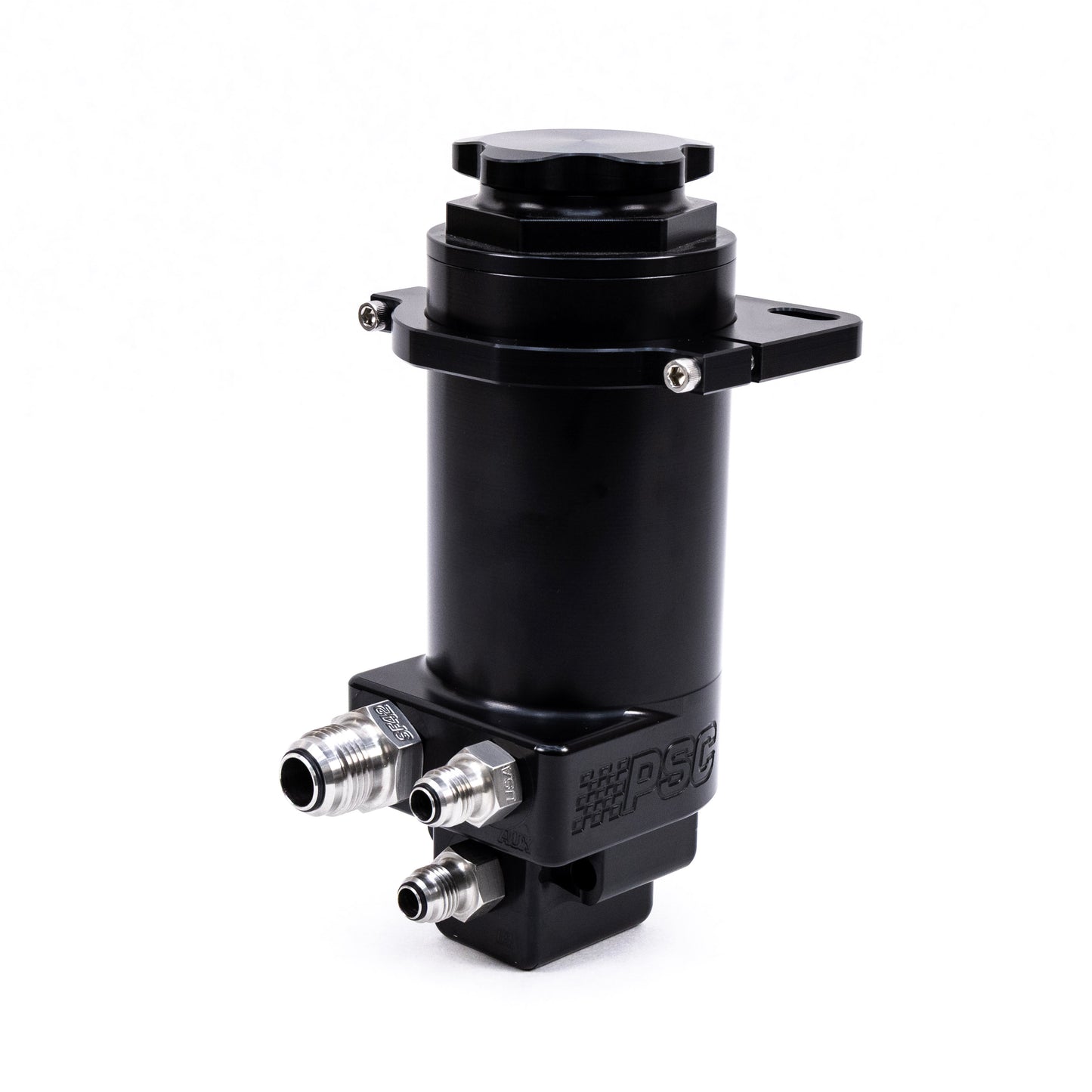 Black mechanical component with visible branding on a white background
