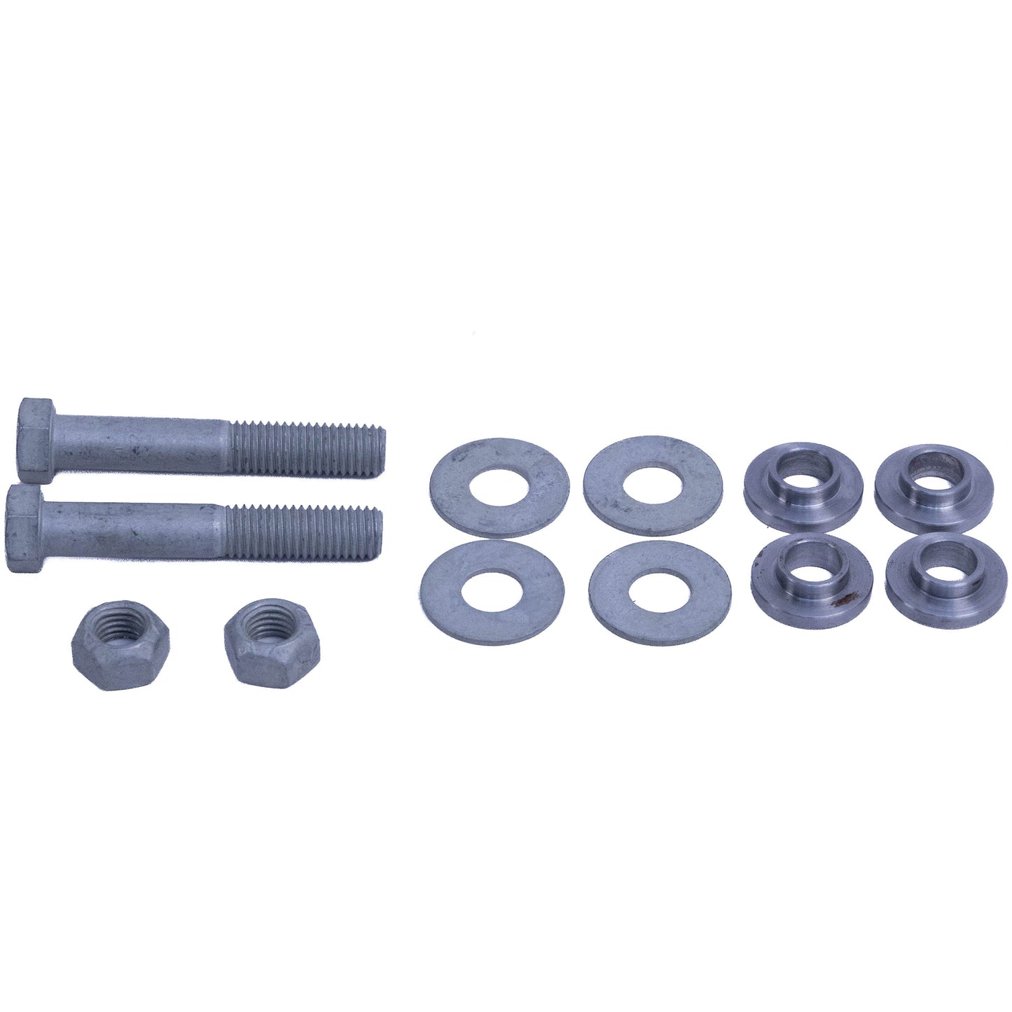 A set of galvanized metal hardware including two bolts, two hex nuts, and six flat washers, arranged neatly on a solid white background.