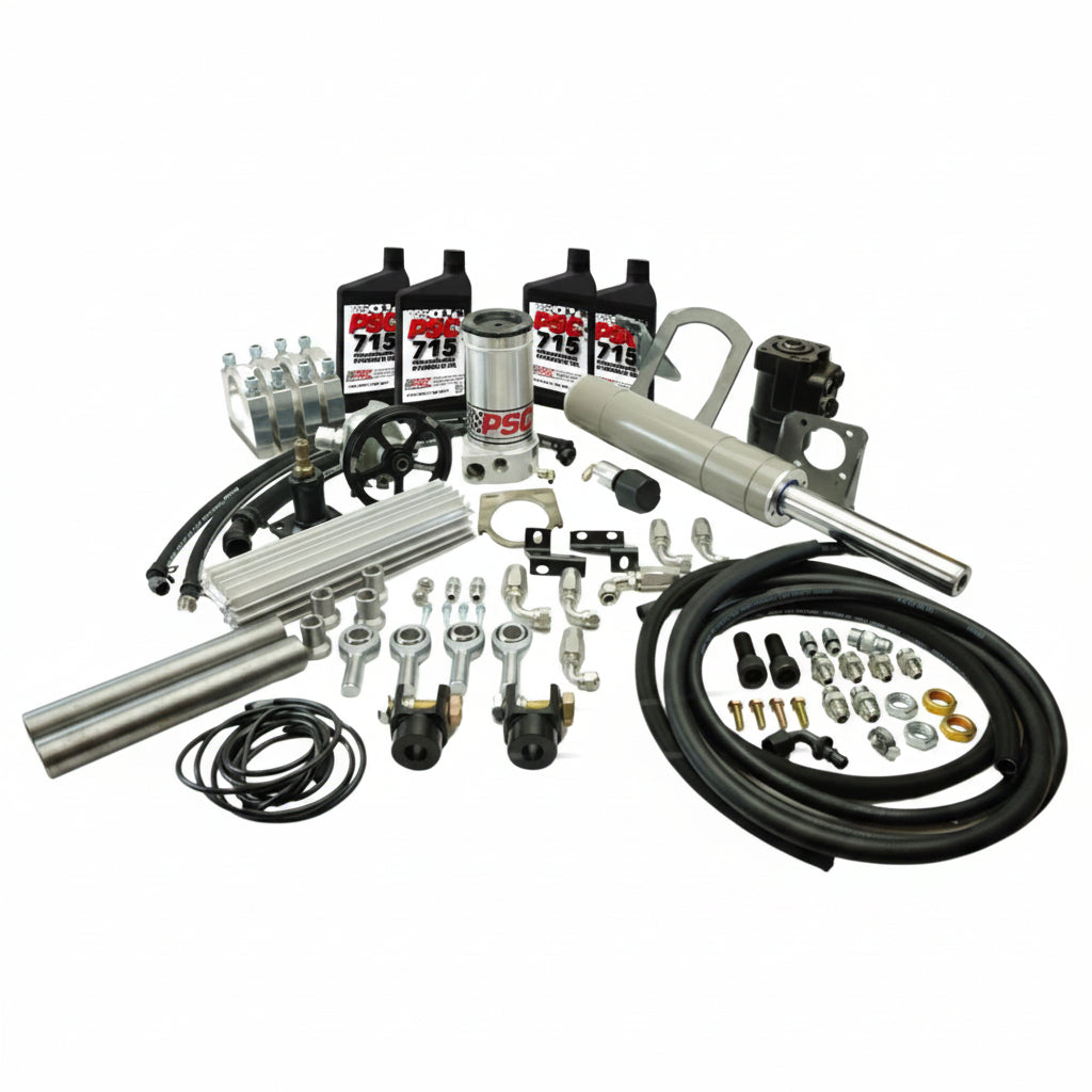 Automotive parts including a Double Ended Full Hydraulic Kit and tools on a white background