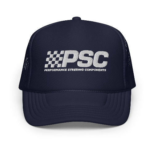 Product markup of a navy foam trucker hat with a PSC logo embroidered in white - with a white background.