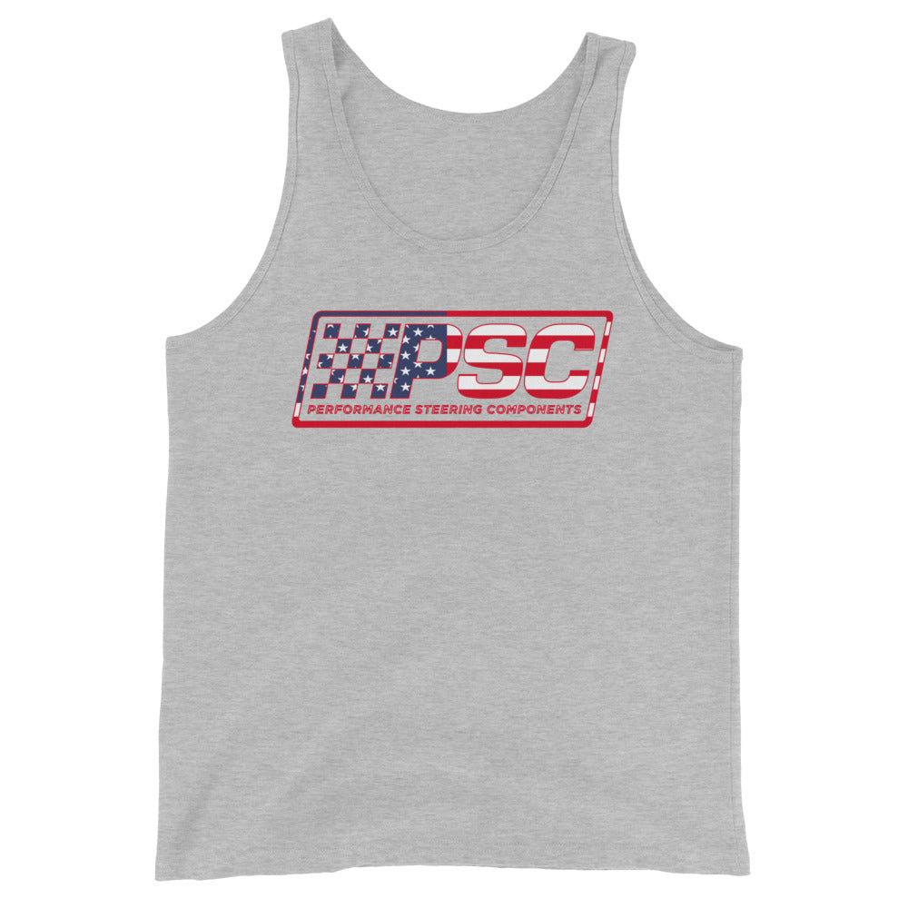 An athletic heather grey man's tank top with PSC Performance Steering Components logo featuring a patriotic overlay and red border on a white background.
