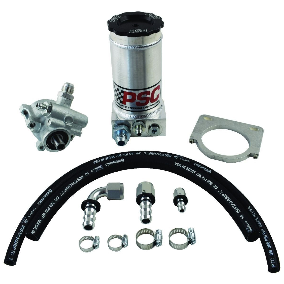 PSC steering pump system components including a PSC silver reservoir, silver pump, black rubber hose, hose fittings and clamp on a white background.