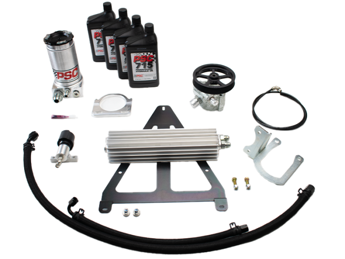 Collection of automotive parts including oil filters, metal brackets, and hoses on a white background
