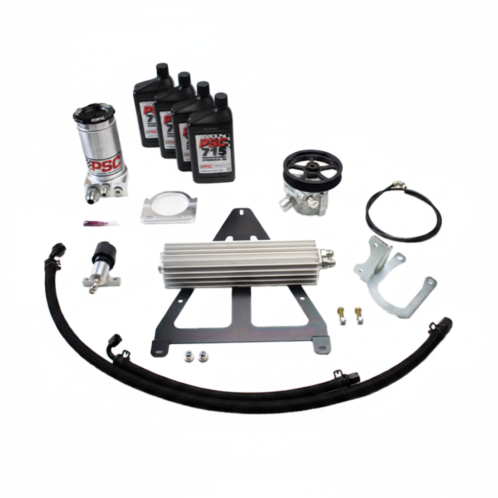 Collection of automotive parts including oil filters, metal brackets, and hoses on a white background