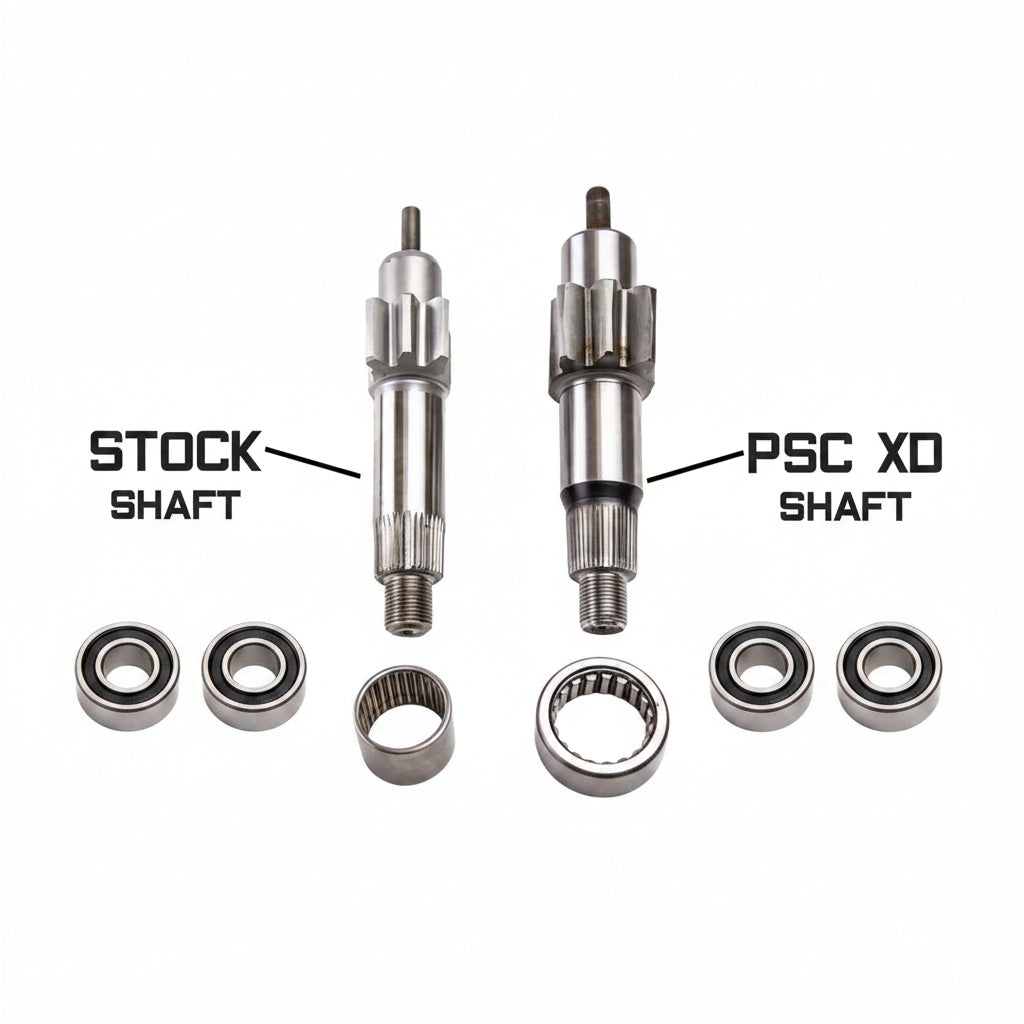 Comparison of stock shaft and PSC XD shaft with labeled parts on a white background.