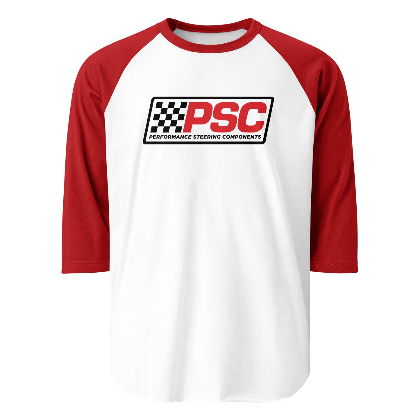 Mock up of a baseball style shirt with red sleeves and the classic PSC logo centered on the chest on a white background.