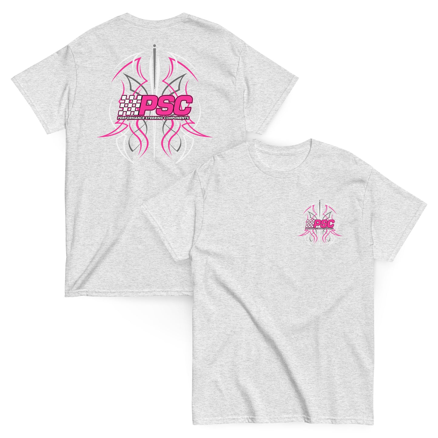 Light heather gray short-sleeve T-shirt shown from the front and back, featuring a pink and white PSC Performance Steering Components pinstripe logo with stylized tribal graphic on the upper left chest and a larger matching graphic centered across the back.