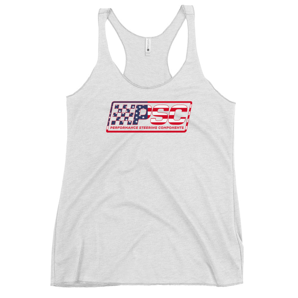 A heather white women's racerback tank top with PSC Performance Steering Components logo featuring a patriotic overlay and red border on a white background.