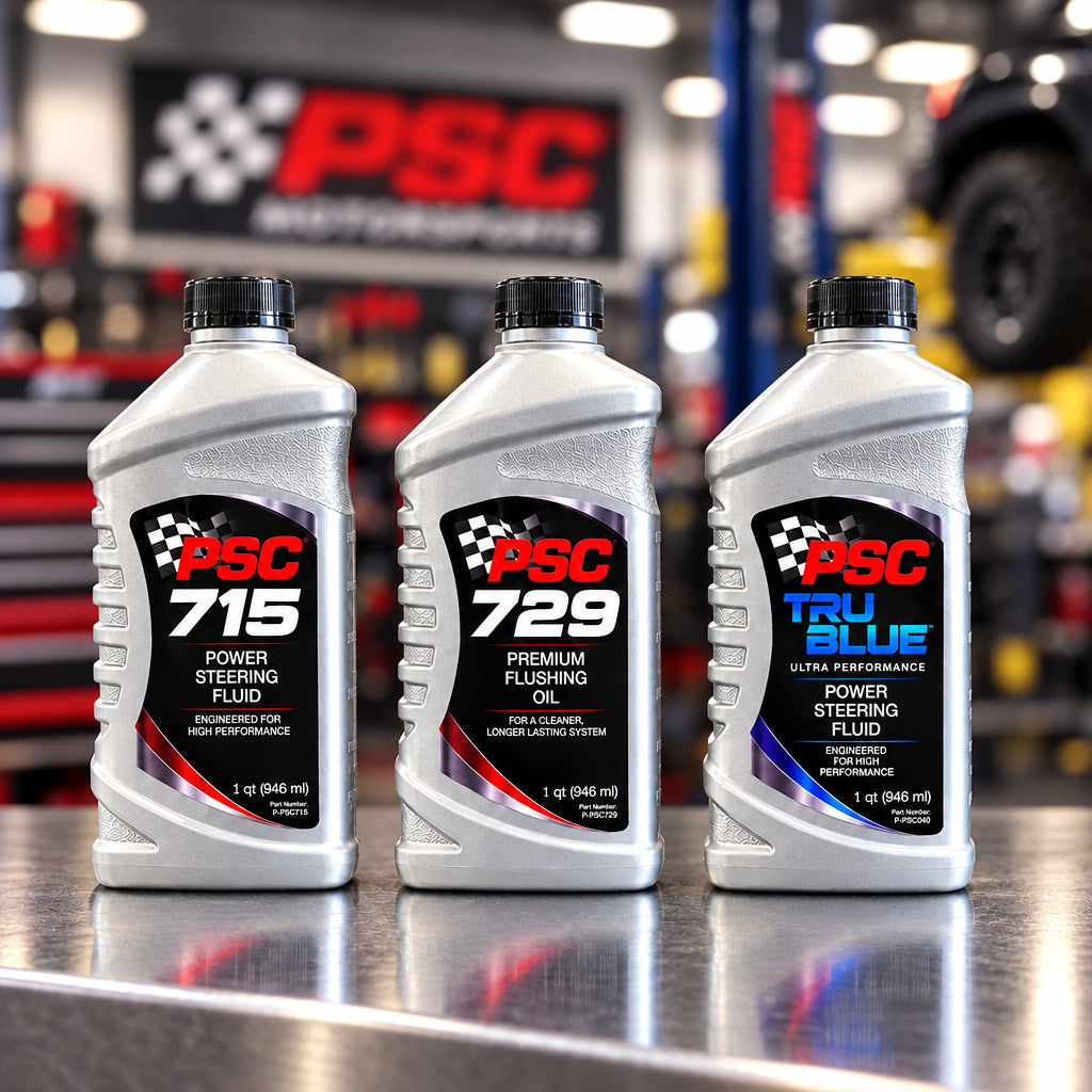 Three bottles of PSC brand automotive fluids displayed on a glass shelf: PSC 715 Power Steering Fluid, PSC 729 Premium Fluoring Oil, and PSC TRU BLUE Power Steering Fluid.