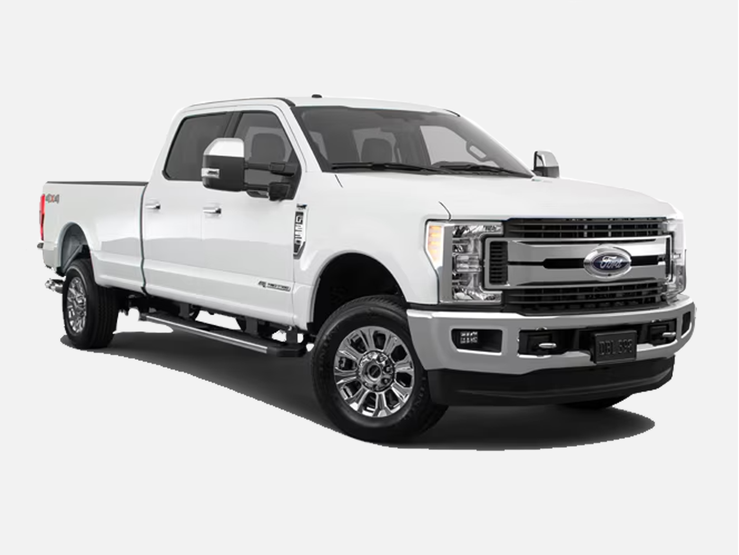 White Ford F-250 Super Duty shown as a reference for steering system components and upgrade fitment for 2017–present F-250 and F-350 models.