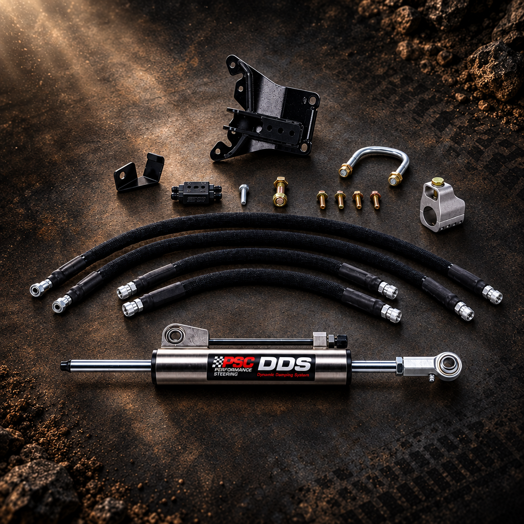 A DDShocks suspension kit including a black hydraulic shock absorber, three black braided hoses, mounting brackets, hardware, and a white control module, arranged on a solid white background.