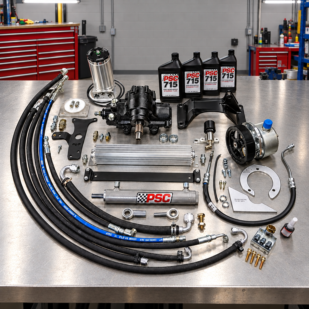A complete PSC performance brake and power steering kit laid out on a white background, including a black power steering pump, silver metal components, black hoses, fluid bottles, and various mounting hardware.