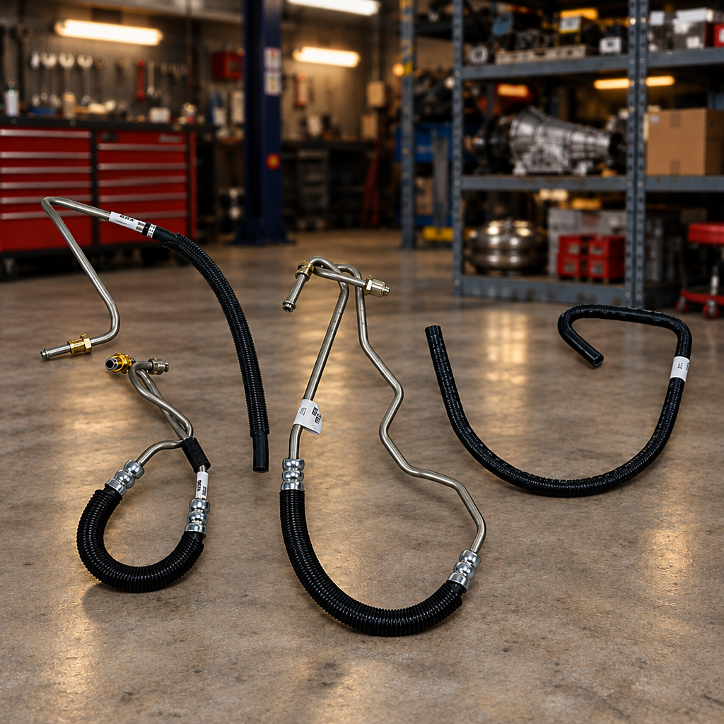 A set of automotive hoses and metal fittings, including two black corrugated hoses, one silver metal hose, and one black curved hose, displayed on a solid white background.