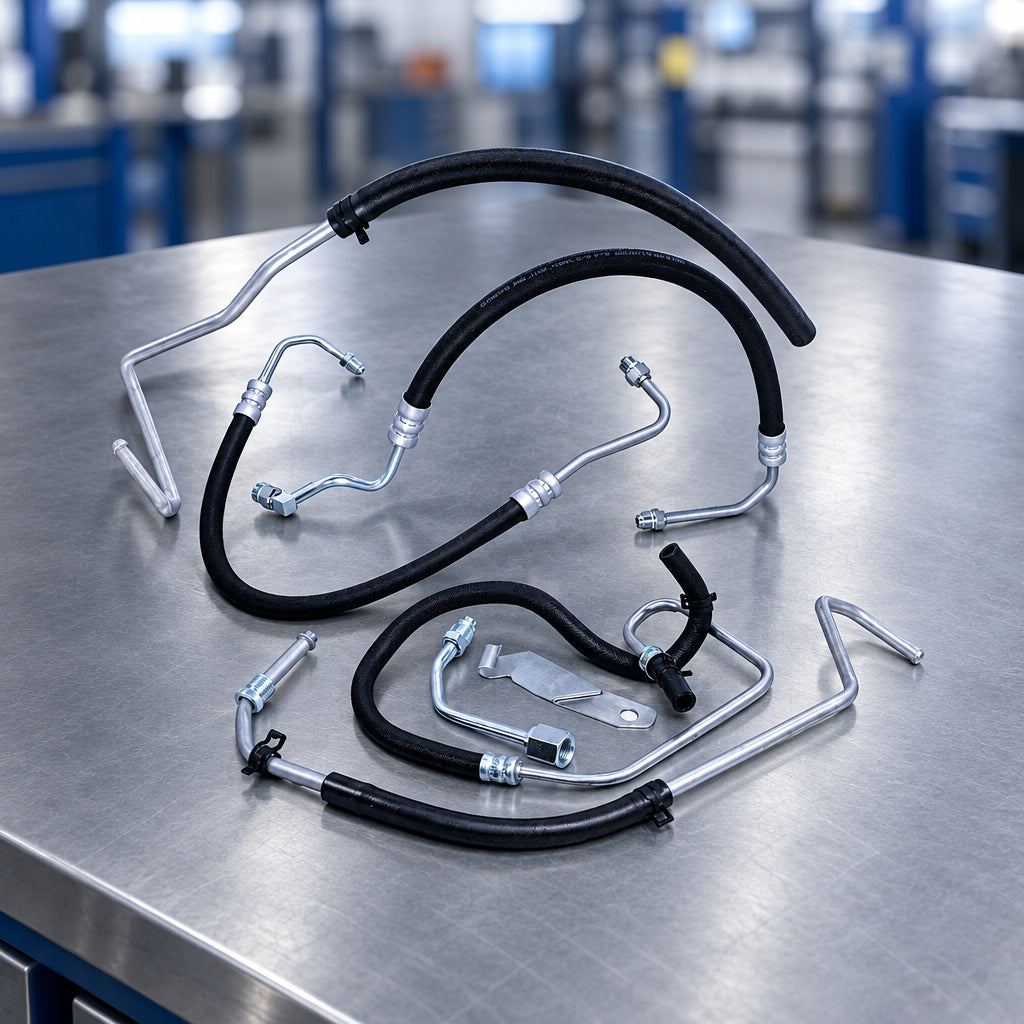 A set of automotive hydraulic or air suspension hoses and metal fittings, including black rubber hoses with silver metal connectors and brackets, displayed on a clean white background.