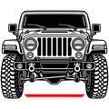 Black and white line art illustration of a front view of a Jeep Wrangler with off-road tires, a front bumper, and a red accent line below the bumper on a white background.