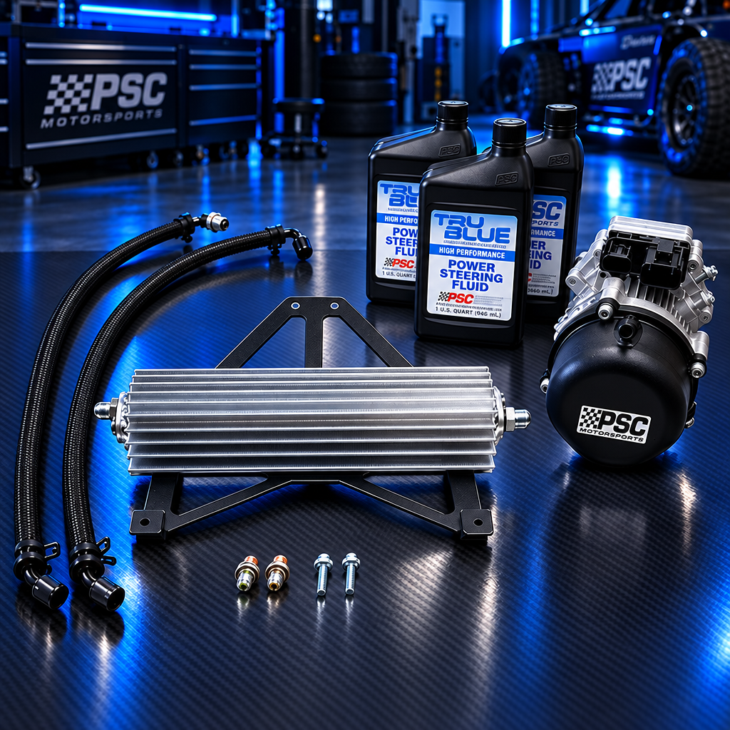 A complete power steering kit including a silver aluminum radiator, black hoses, a black EXPC motor, three bottles of TCU Blue Power Steering Fluid, and mounting hardware, displayed on a clean white background.