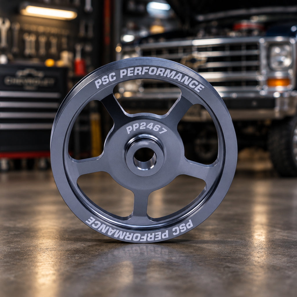 A metallic blue anodized pulley wheel with 'PSC PERFORMANCE' and 'PP2467' printed on it, shown against a plain white background.