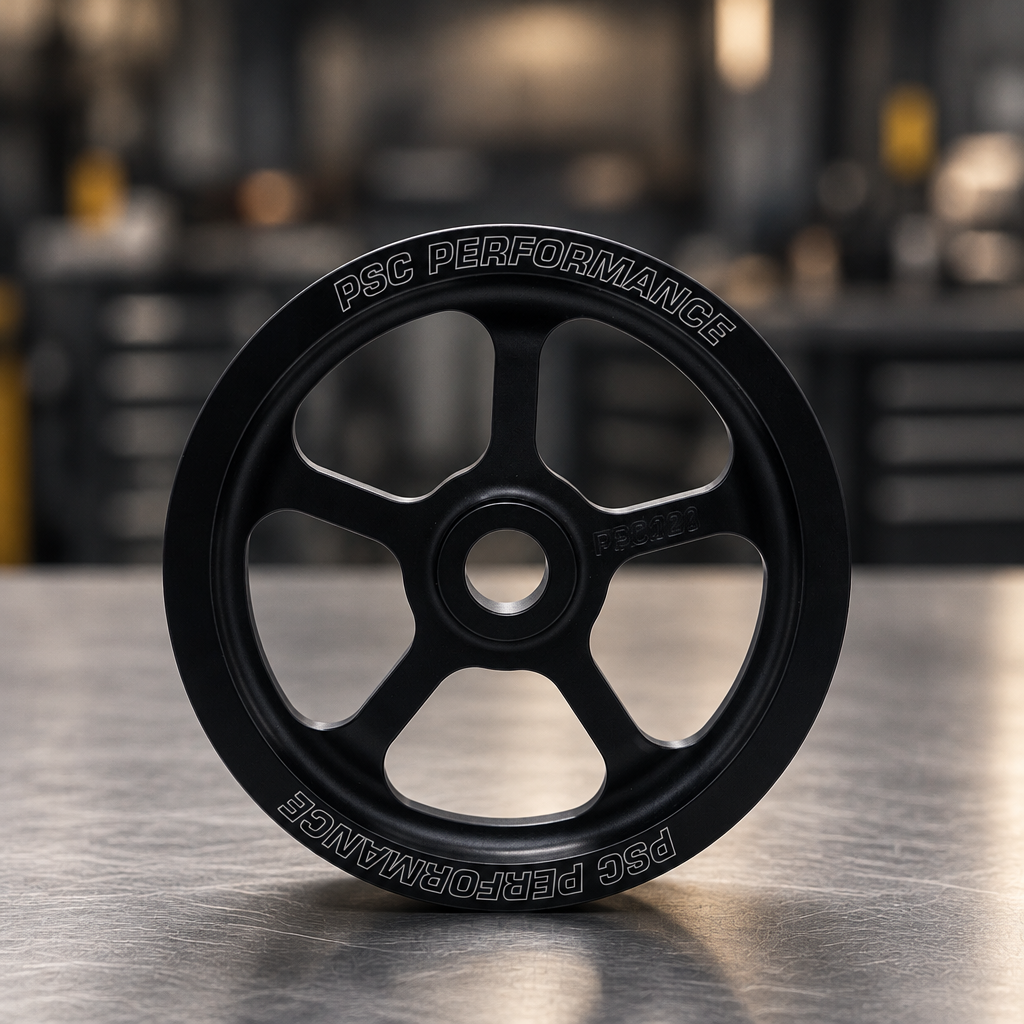 Black wheel with 'PSC Performance' branding on a white background