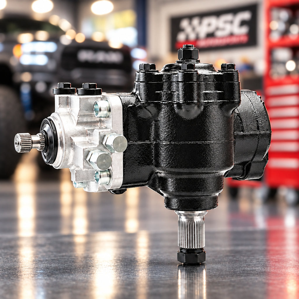 A heavy-duty automotive or industrial pump motor assembly, featuring a black cast metal body and a silver aluminum side housing with a metal splined shaft, shown on a solid white background.