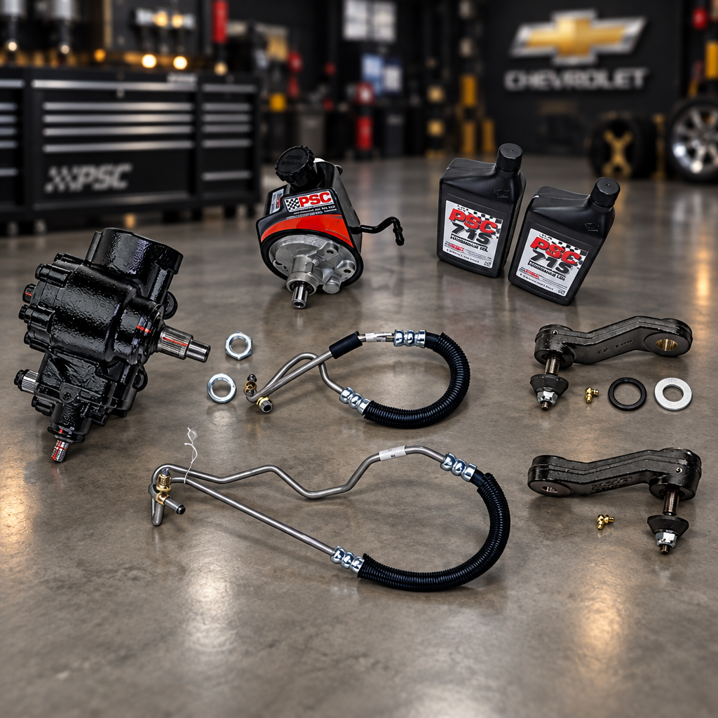 A complete automotive power steering and brake fluid kit laid out on a white background, including a black power steering pump, a red and black ABS pump, two bottles of Mobil 1 75W-14 motor oil, metal hoses, brackets, and washers.