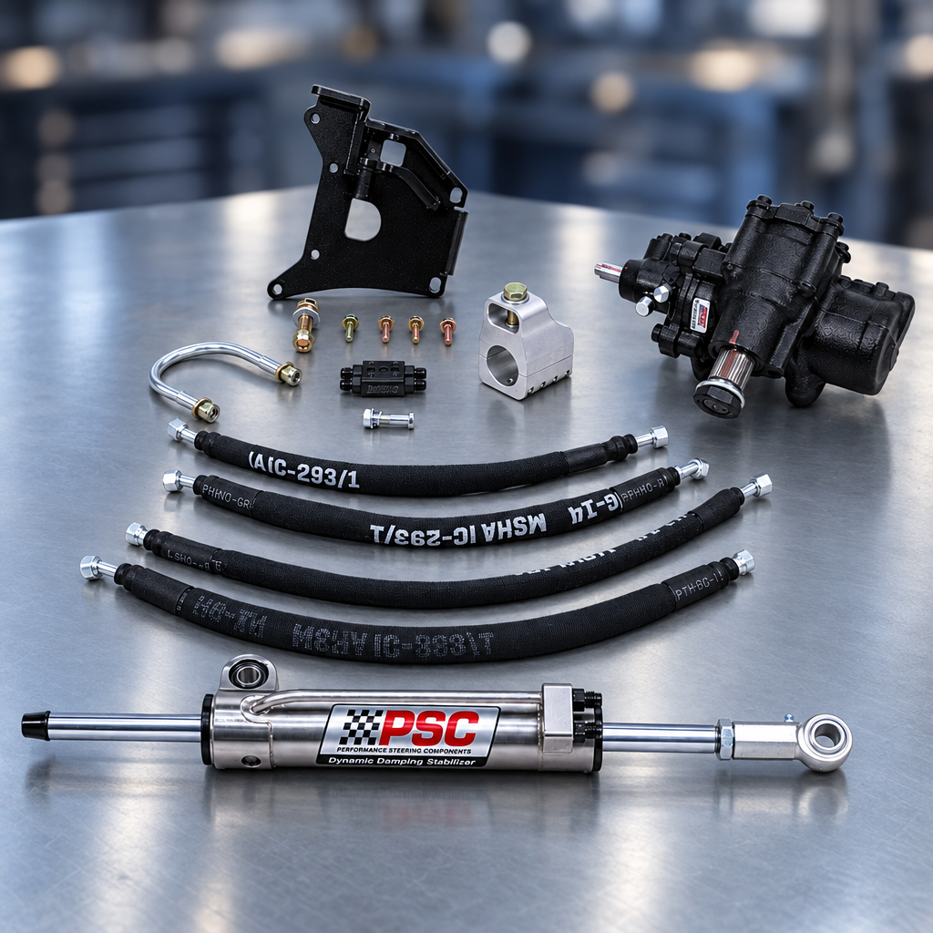 A PSC suspension and steering kit laid out on a white background, including a silver and black shock absorber, black control arms, a black power steering pump, a black mounting bracket, a white ball joint, hoses, and small hardware.