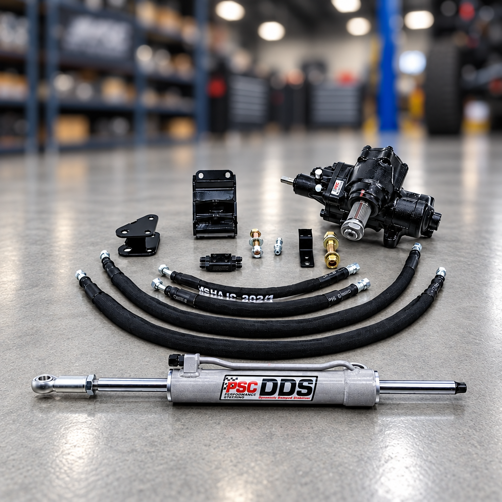 An automotive suspension kit including a gray and black ISC DDS hydraulic power steering cylinder, black hoses, mounting brackets, nuts, bolts, and a black power steering pump, arranged on a white background.