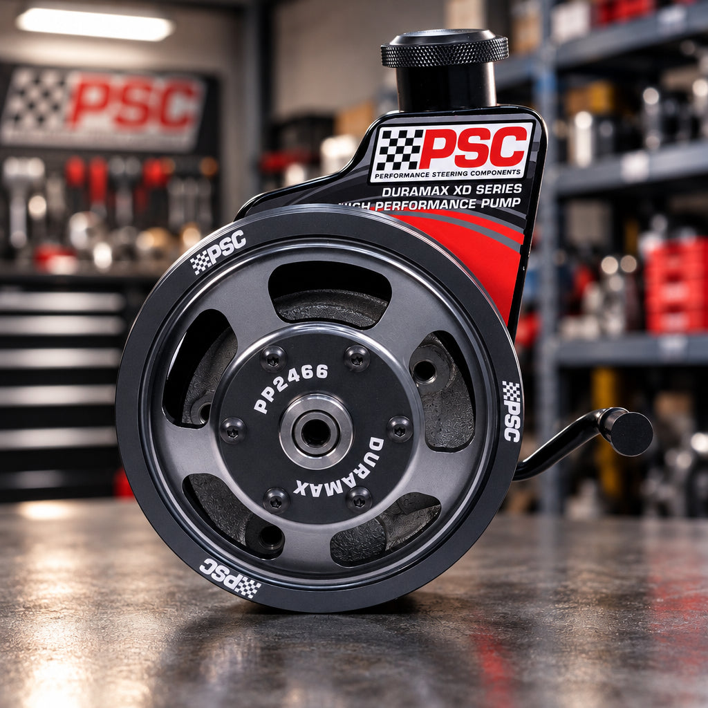 PSC Duramax XD Series high performance pump with a black and dark gray pulley, featuring a branded red, white, and black label, on a solid white background.