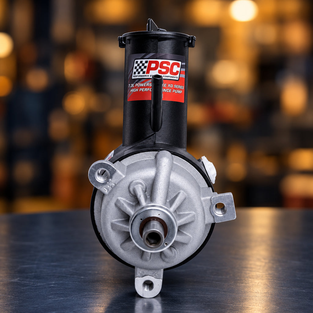 PSC 12V 4-speed power steering pump motor with a black plastic motor housing and a silver cast metal pulley system, shown against a plain white background.