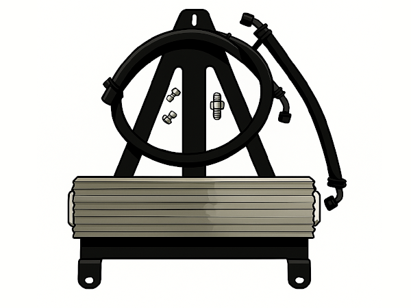Rendered image of a cooler kit with fluid cooler, mounting bracket, fittings and hoses in front of a white background to link to fluid coolers category. 
