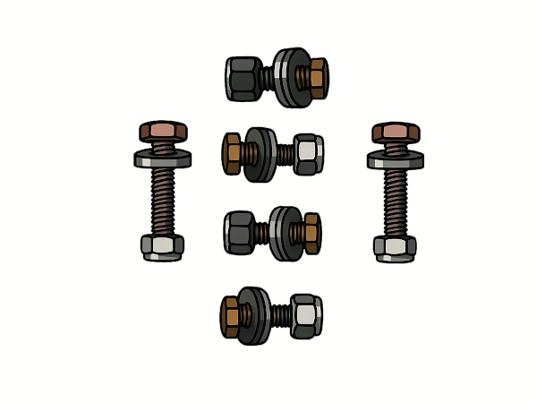 Rendering of a hardware kit including bolts, nuts and washers on a white background as the category image for the Cooler Fittings product category.