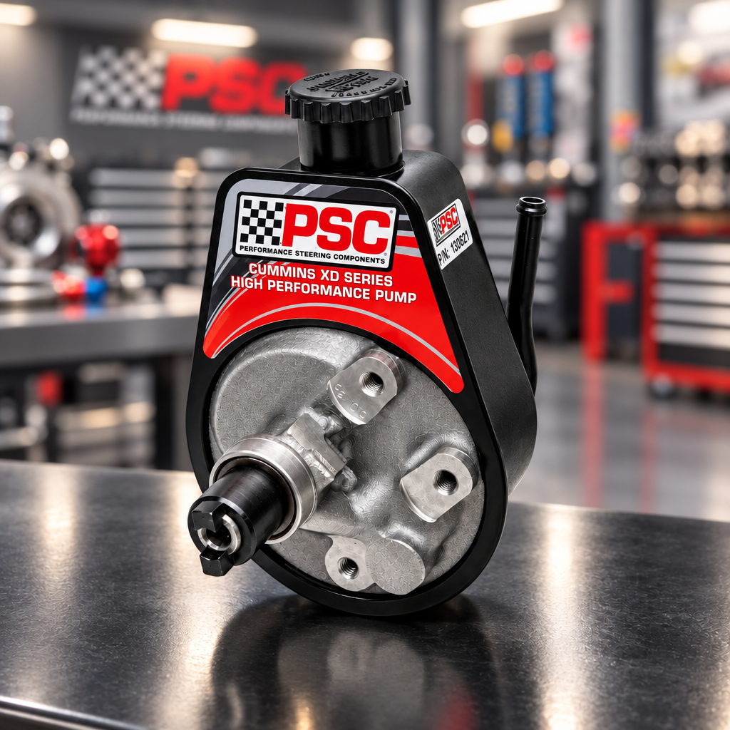 PSC Cummins XD Series High Performance Pump in black and silver with a red and white label, isolated on a white background.