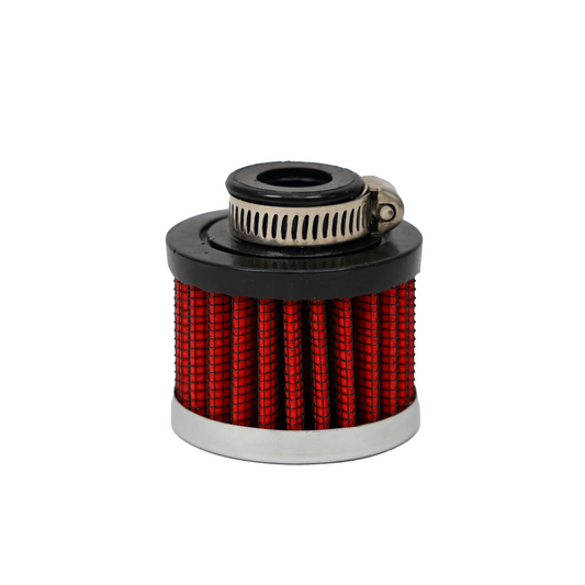 Angled view of a compact red breather filter with a chrome base, black rubber top, and attached metal hose clamp for securing to a fitting in front of a white background.