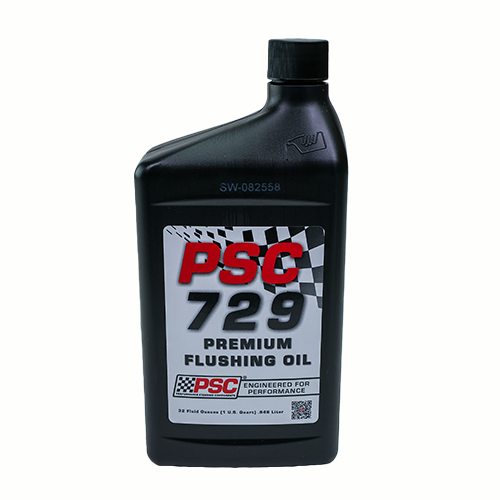 Bottle of PSC 729 Premium Flushing Oil on a white background