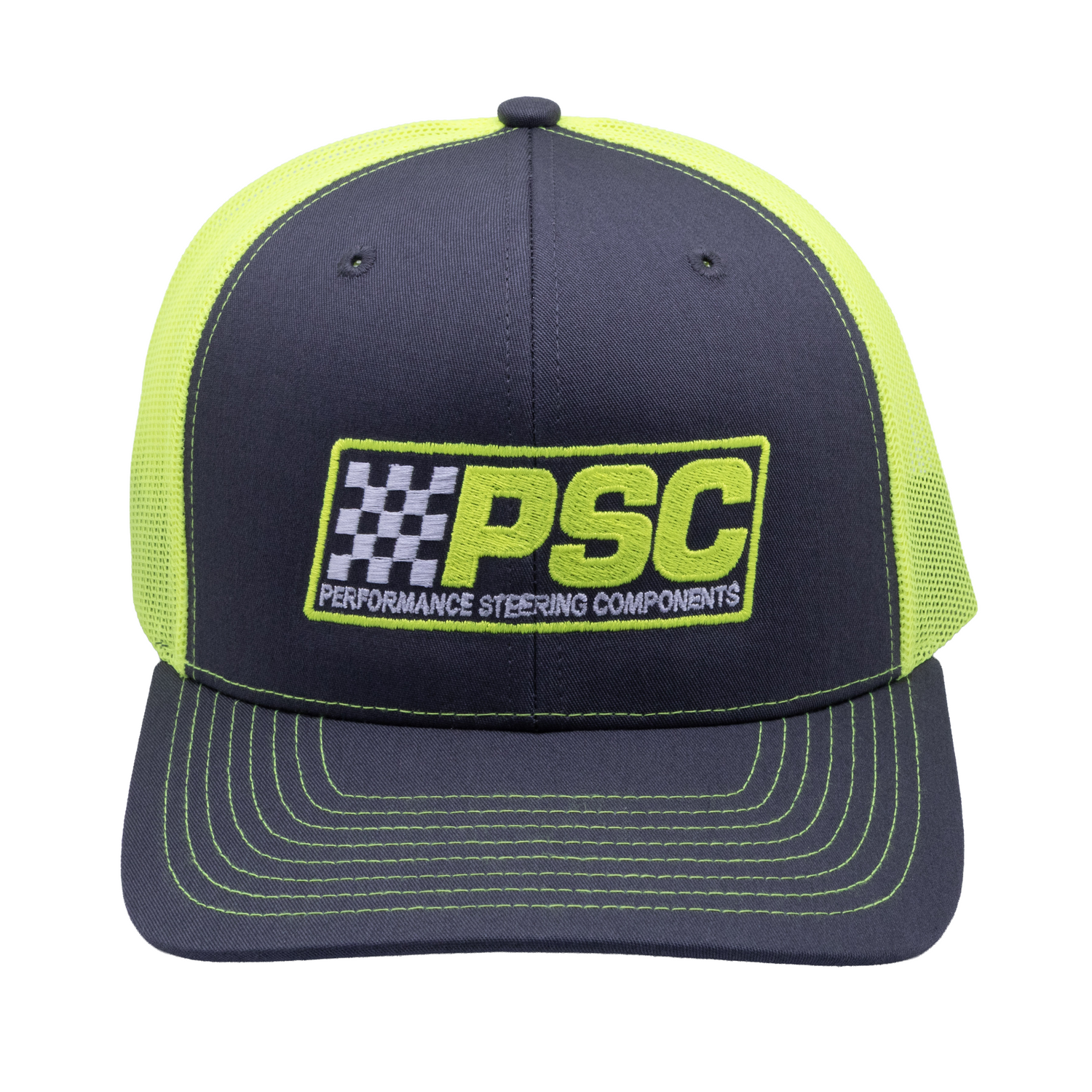 Black and neon green cap with PSC Performance Steering Components logo on a white background
