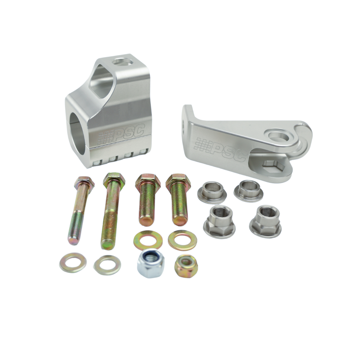 Silver aluminum cylinder assist clamp and bracket kit displayed on a white background, including precision-machined mounting pieces, gold zinc bolts, washers and locking nuts.