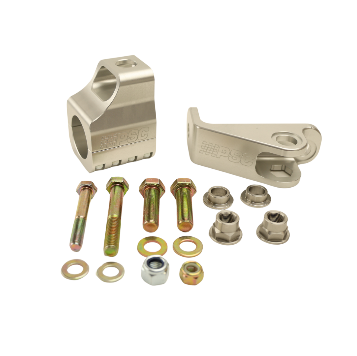 Set of metal components including brackets and bolts on a white background