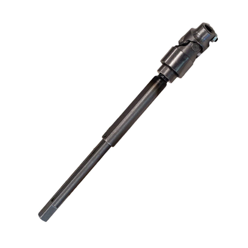 Steel upper steering shaft for Jeep Wrangler JK shown with a long splined tube, a telescoping midsection and a billet steel universal joint at one end.