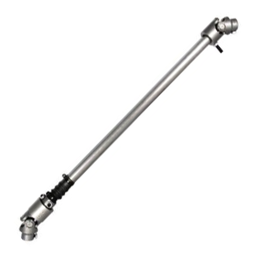 Silver telescopic Borgeson steel steering shaft for 1997-2000 Jeep Cherokee And Wagoneer XJ on a white background. 