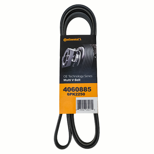 Continental OE Technology Series Multi V-Belt, model 4060885 6PK2250, shown in its orange and black packaging with a visible barcode and automotive pulley image on the label.