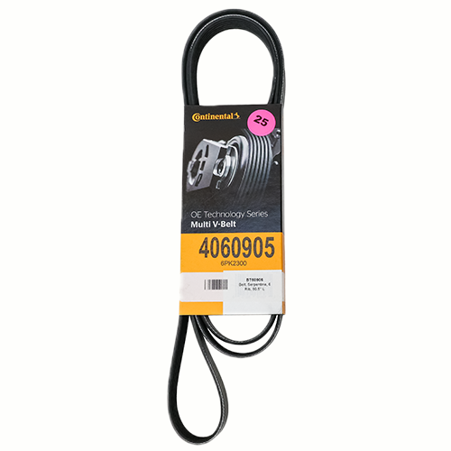 Continental OE Technology Series Multi V-Belt, model 4060905 6PK2300, shown in orange and black packaging with a pink label sticker and an automotive pulley image on the front.