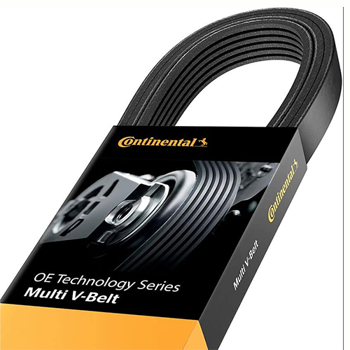 Continental OE Technology Series Multi V-Belt in black and orange packaging, showing the ribbed belt looped with a close-up image of an automotive pulley system on the label.