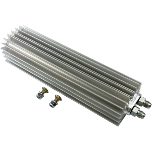 Angled view of a PSC steering cooler and it's fittings on a white background. 