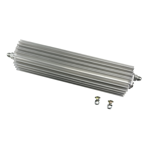 Metallic silver cooler for steering systems with fittings on a white background. 