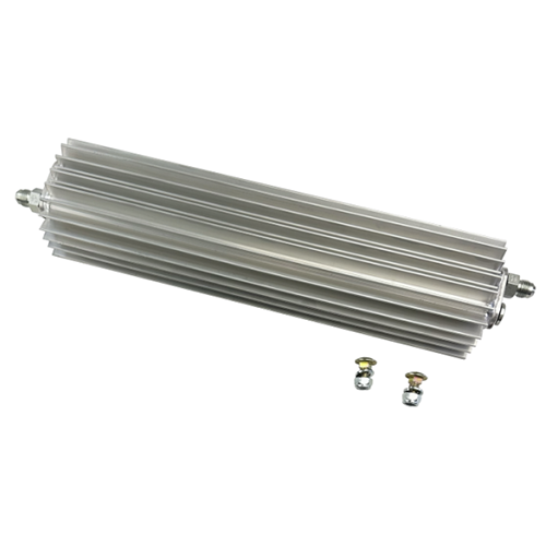 Metallic steering cooler with fittings on a white background. 