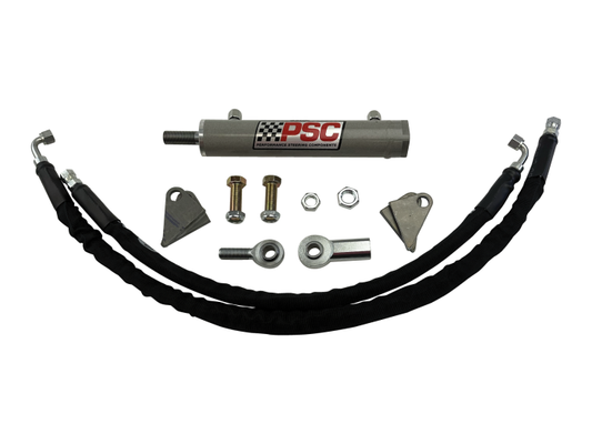PSC steering cylinder CAK061R-8 with clevis ends, hoses, hardware and mounts on a white background. 