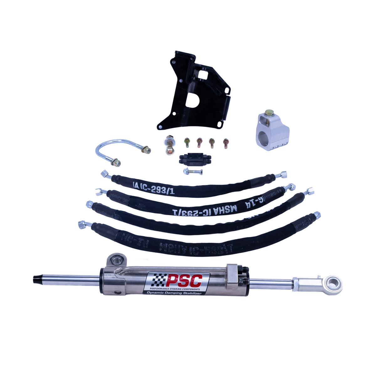 A PSC suspension lift kit laid out on a white background, including a black shock absorber, black leaf springs with white lettering, mounting brackets, a white control module, small hardware, and a braided metal hose.