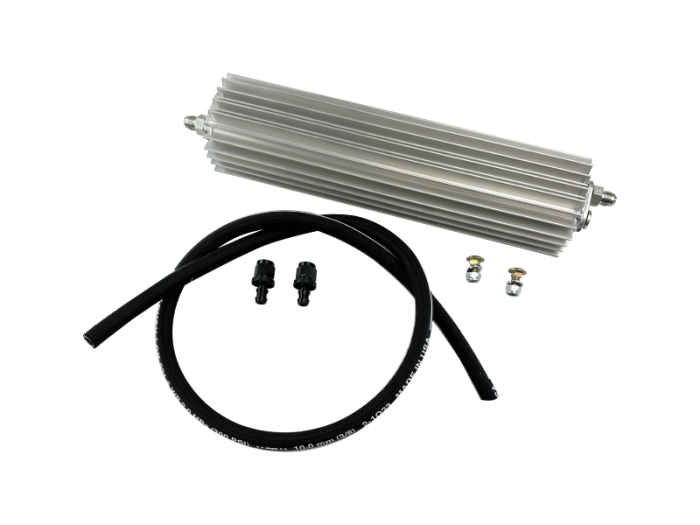 PSC steering fluid cooler with cooler, hoses, and fittings on a white background.